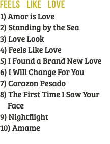 Feels Like Love 1) Amor is Love 2) Standing by the Sea 3) Love Look 4) Feels Like Love 5) I Found a Brand New Love 6) I Will Change For You 7) Corazon Pesado 8) The First Time I Saw Your Face 9) Nightflight 10) Amame 
